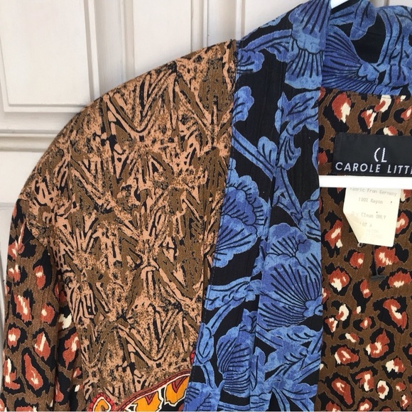 Vintage Boho Carol Little Jacket Multi-Print SzL Shoulder Pads Tie Front Crepe - Picture 8 of 8